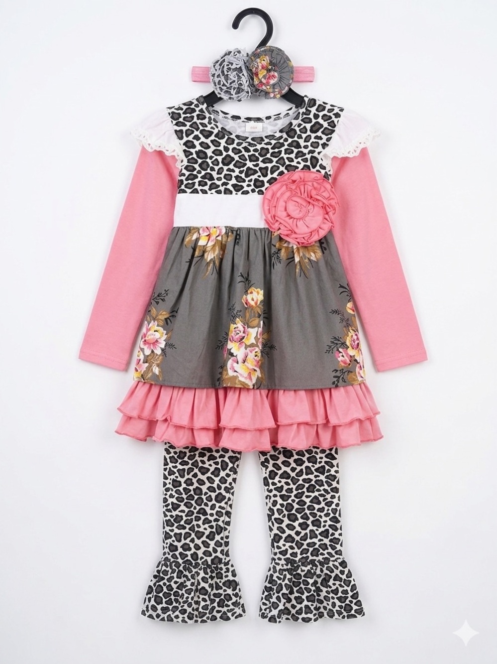 ADORA Girls Black and White Leopard Print Dress with Pink Rosette